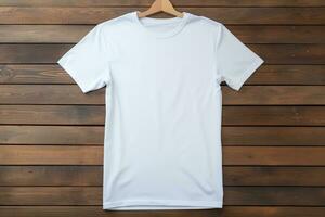 AI generated White t-shirt on wooden background, top view. Mockup for design photo