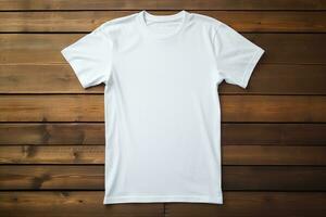 AI generated White t-shirt on wooden background, top view. Mockup for design photo