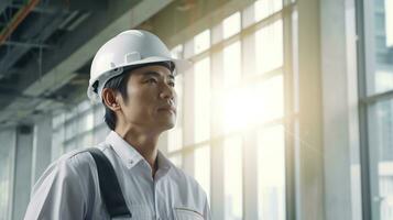 AI generated Portrait of Asian engineer or architect on construction site with building background photo