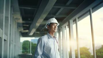 AI generated Portrait of Asian engineer or architect on construction site with building background photo