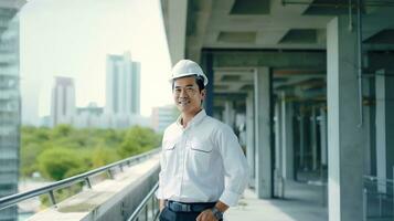 AI generated Portrait of Asian engineer or architect on construction site with building background photo