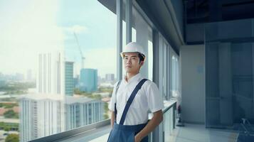 AI generated Portrait of Asian engineer or architect on construction site with building background photo