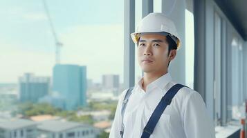 AI generated Portrait of Asian engineer or architect on construction site with building background photo