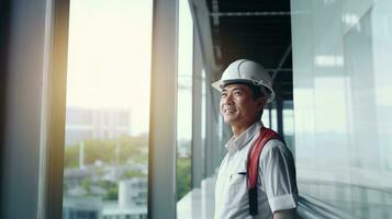 AI generated Portrait of Asian engineer or architect on construction site with building background photo