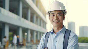 AI generated Portrait of Asian engineer or architect on construction site with building background photo