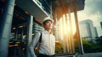 ai generado retrato de asiático ingeniero o arquitecto en construcción sitio con edificio antecedentes foto