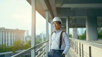 AI generated Portrait of Asian engineer or architect on construction site with building background photo