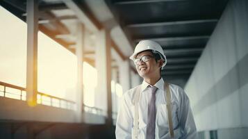 AI generated Portrait of Asian engineer or architect on construction site with building background photo