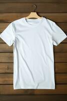 AI generated White t-shirt on wooden background, top view. Mockup for design photo