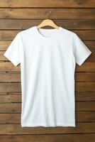 AI generated White t-shirt on wooden background, top view. Mockup for design photo