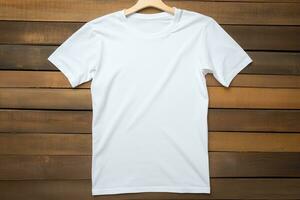 AI generated White t-shirt on wooden background, top view. Mockup for design photo