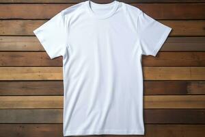 AI generated White t-shirt on wooden background, top view. Mockup for design photo