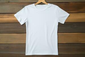 AI generated White t-shirt on wooden background, top view. Mockup for design photo