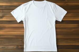 AI generated White t-shirt on wooden background, top view. Mockup for design photo