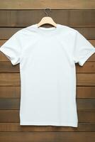 AI generated White t-shirt on wooden background, top view. Mockup for design photo