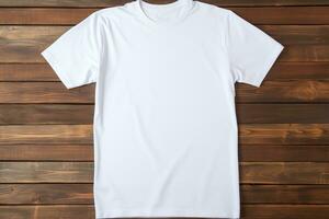 AI generated White t-shirt on wooden background, top view. Mockup for design photo