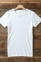 AI generated White t-shirt on wooden background, top view. Mockup for design photo