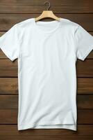 AI generated White t-shirt on wooden background, top view. Mockup for design photo