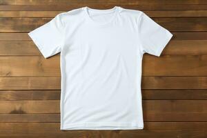 AI generated White t-shirt on wooden background, top view. Mockup for design photo