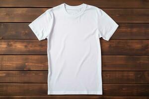 AI generated White t-shirt on wooden background, top view. Mockup for design photo