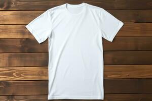 AI generated White t-shirt on wooden background, top view. Mockup for design photo