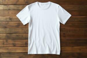 AI generated White t-shirt on wooden background, top view. Mockup for design photo