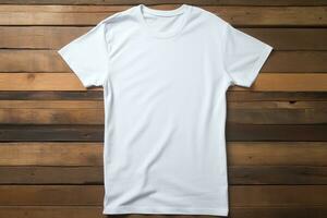 AI generated White t-shirt on wooden background, top view. Mockup for design photo