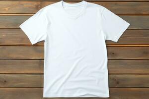 AI generated White t-shirt on wooden background, top view. Mockup for design photo