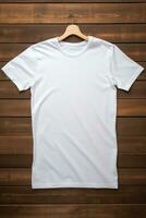 AI generated White t-shirt on wooden background, top view. Mockup for design photo