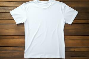 AI generated White t-shirt on wooden background, top view. Mockup for design photo