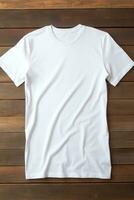 AI generated White t-shirt on wooden background, top view. Mockup for design photo