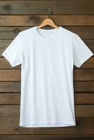 AI generated White t-shirt on wooden background, top view. Mockup for design photo