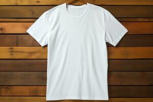 AI generated White t-shirt on wooden background, top view. Mockup for design photo