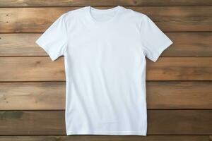 AI generated White t-shirt on wooden background, top view. Mockup for design photo