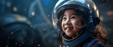 ai generado retrato de un linda asiático pequeño niña vistiendo astronauta disfraz y sonriente en espacio foto