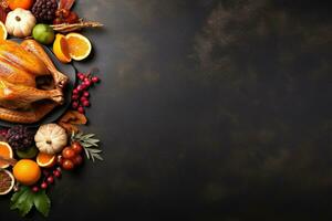 AI generated Thanksgiving day background with roasted turkey, fruits and spices photo