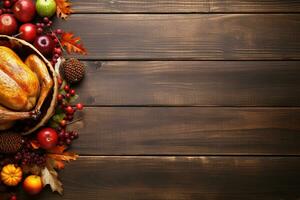 AI generated Thanksgiving day background with roasted turkey, fruits and spices photo