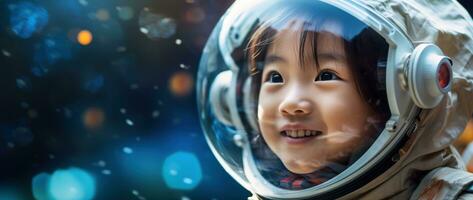 ai generado retrato de un linda asiático pequeño niña vistiendo astronauta disfraz y sonriente en espacio foto