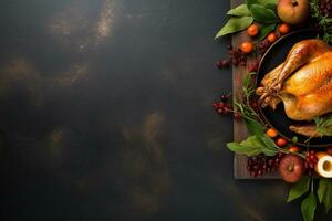 AI generated Thanksgiving day background with roasted turkey, fruits and spices photo