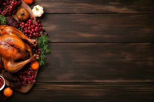 AI generated Thanksgiving day background with roasted turkey, fruits and spices photo