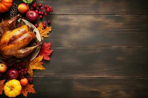 AI generated Thanksgiving day background with roasted turkey, fruits and spices photo