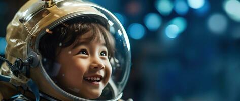 ai generado retrato de un linda asiático pequeño niña vistiendo astronauta disfraz y sonriente en espacio foto