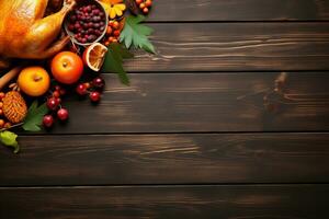 AI generated Thanksgiving day background with roasted turkey, fruits and spices photo