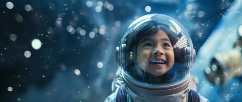 ai generado retrato de un linda asiático pequeño niña vistiendo astronauta disfraz y sonriente en espacio foto