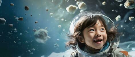 ai generado retrato de un linda asiático pequeño niña vistiendo astronauta disfraz y sonriente en espacio foto