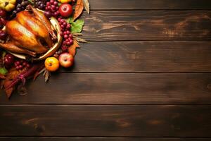 AI generated Thanksgiving day background with roasted turkey, fruits and spices photo