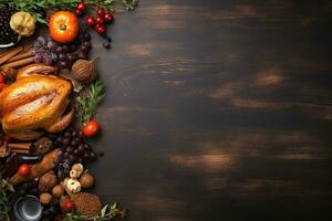 AI generated Thanksgiving day background with roasted turkey, fruits and spices photo