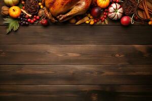 AI generated Thanksgiving day background with roasted turkey, fruits and spices photo