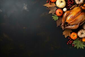 AI generated Thanksgiving day background with roasted turkey, fruits and spices photo