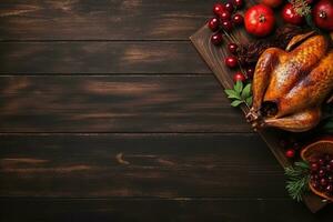 AI generated Thanksgiving day background with roasted turkey, fruits and spices photo